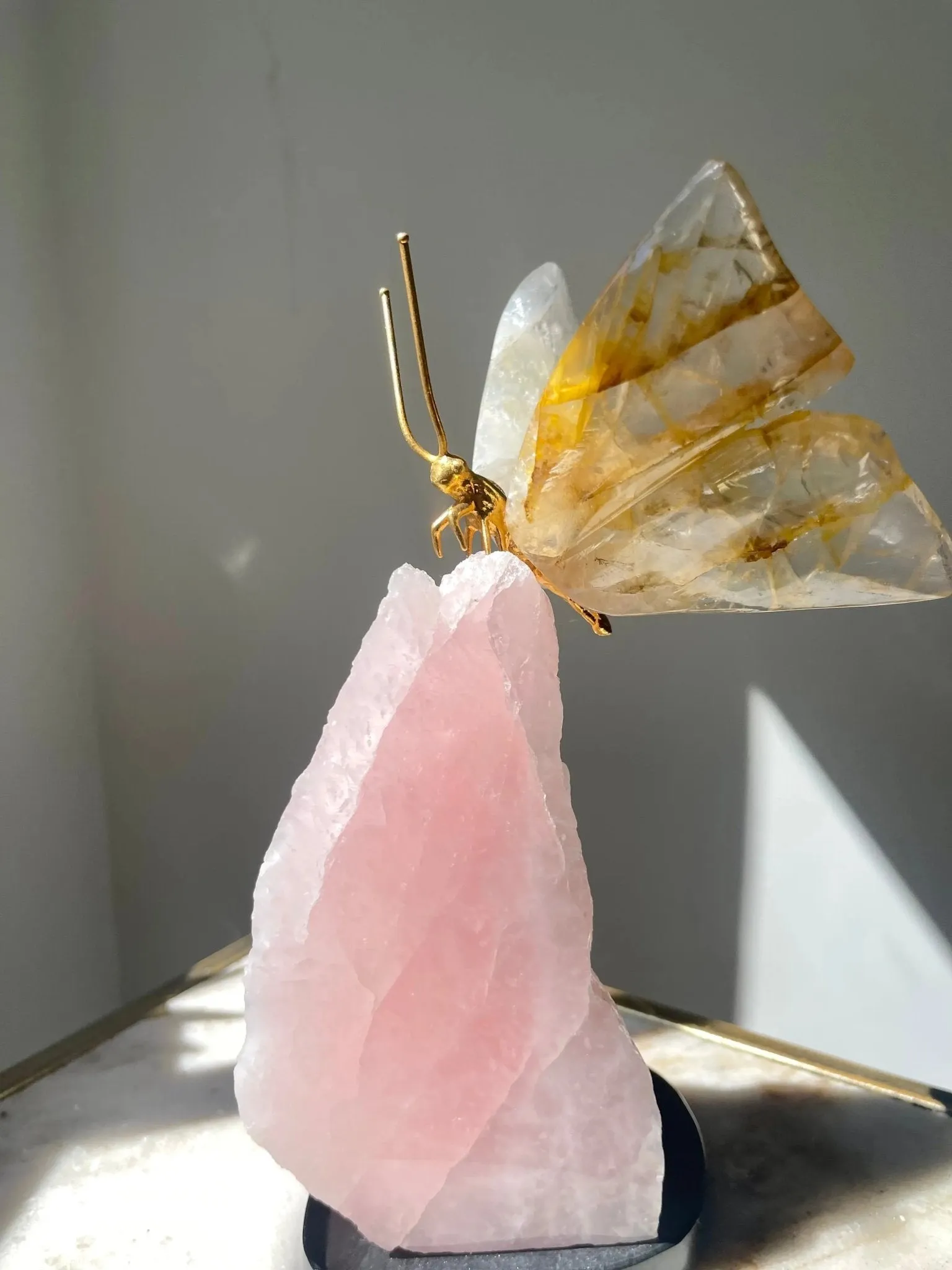 Golden Healer Quartz Crystal Butterfly Sculpture on Rose Quartz Base