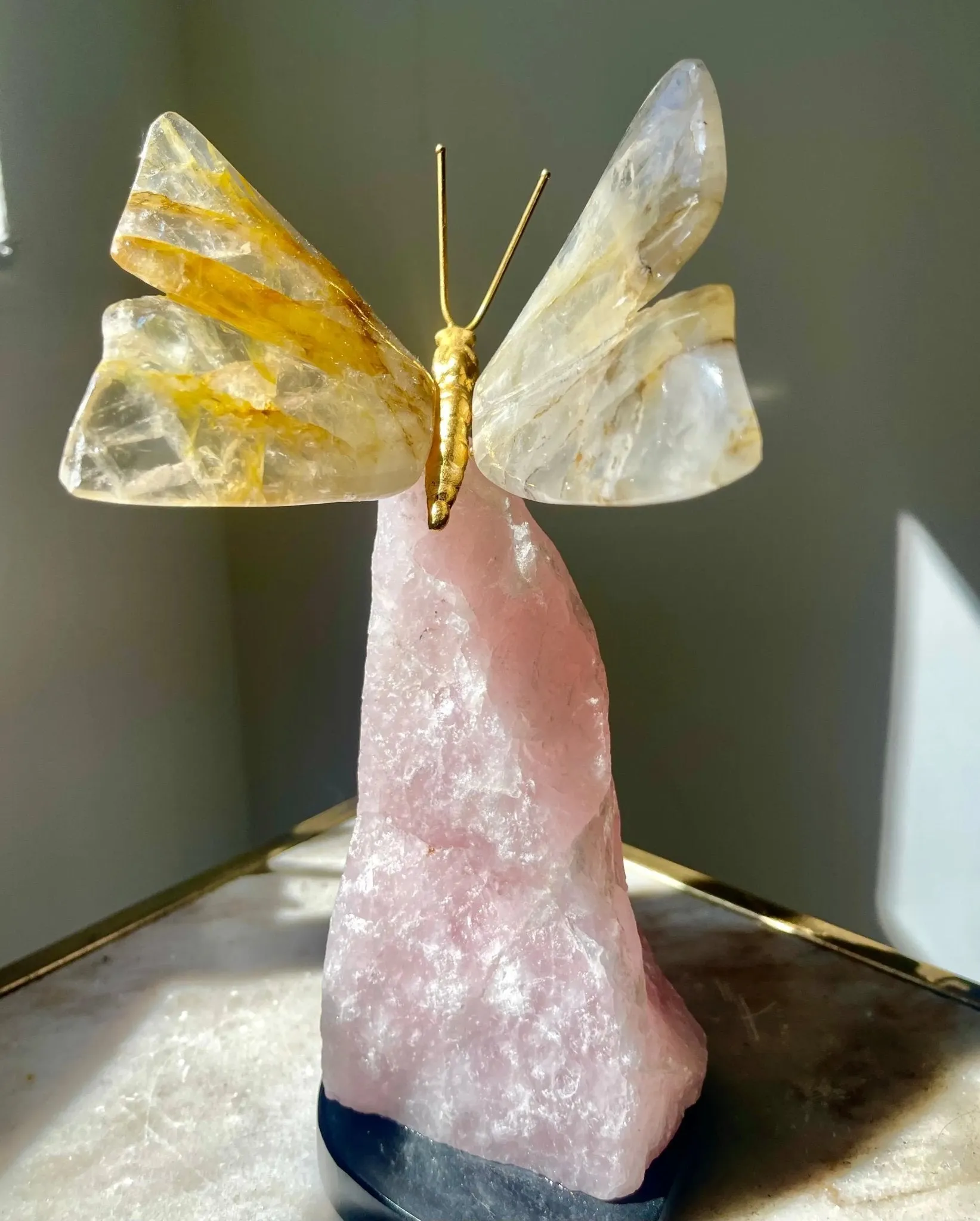 Golden Healer Quartz Crystal Butterfly Sculpture on Rose Quartz Base
