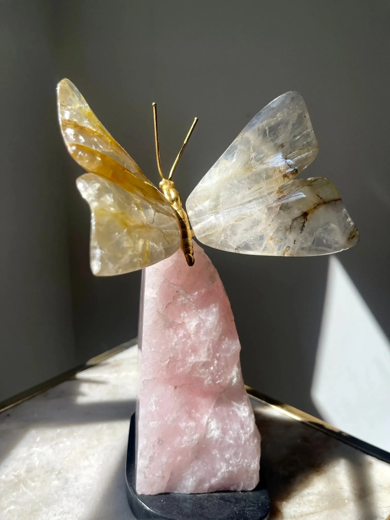 Golden Healer Quartz Crystal Butterfly Sculpture on Rose Quartz Base