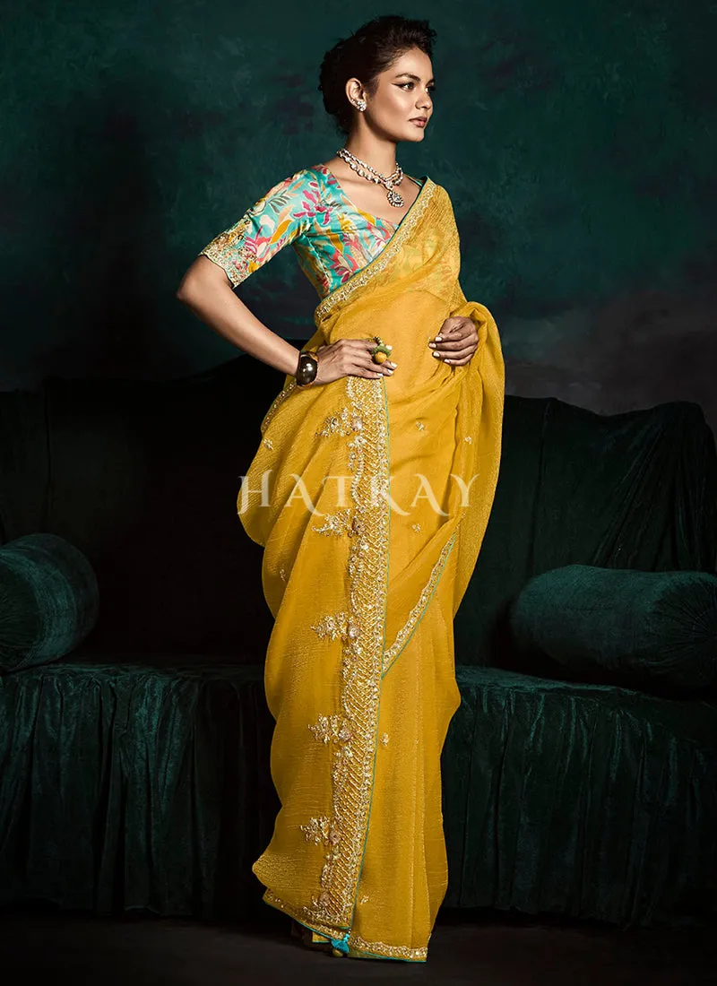 Golden Yellow And Blue Handwork Tissue Silk Saree