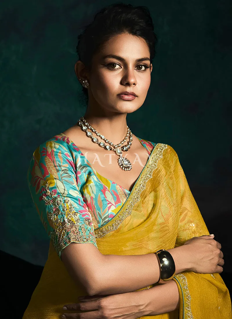 Golden Yellow And Blue Handwork Tissue Silk Saree