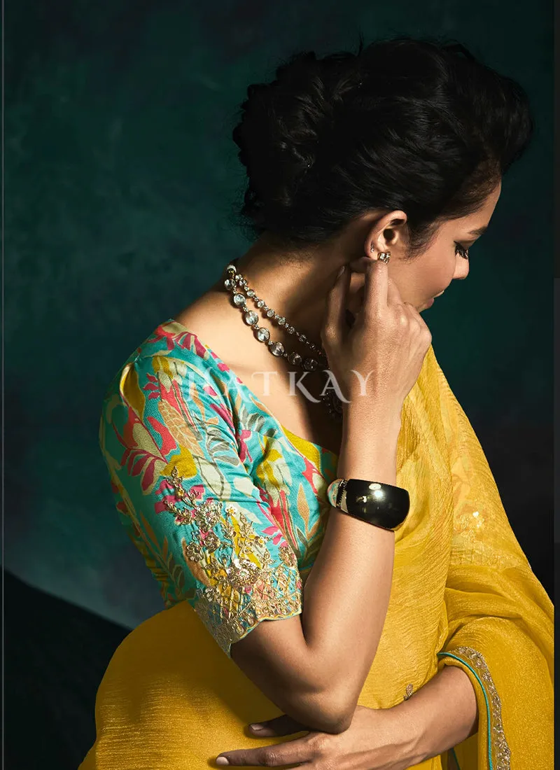 Golden Yellow And Blue Handwork Tissue Silk Saree
