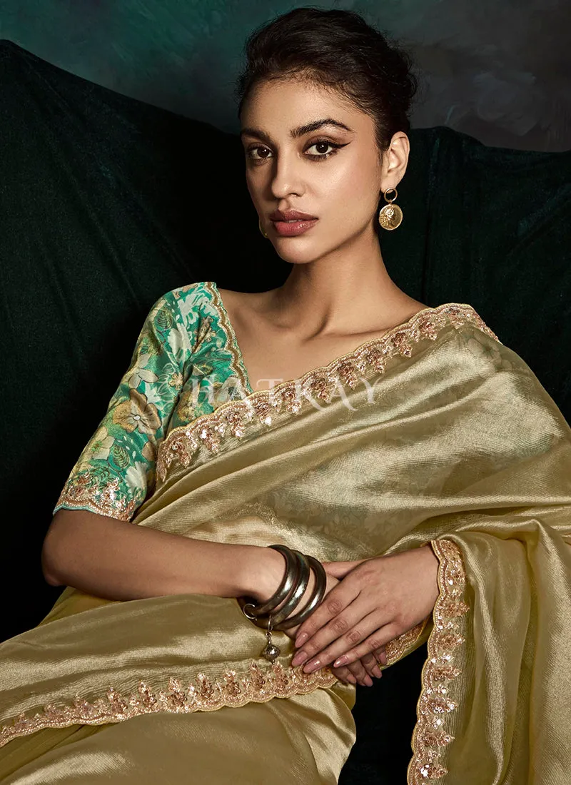 Golden Yellow And Green Tissue Silk Saree