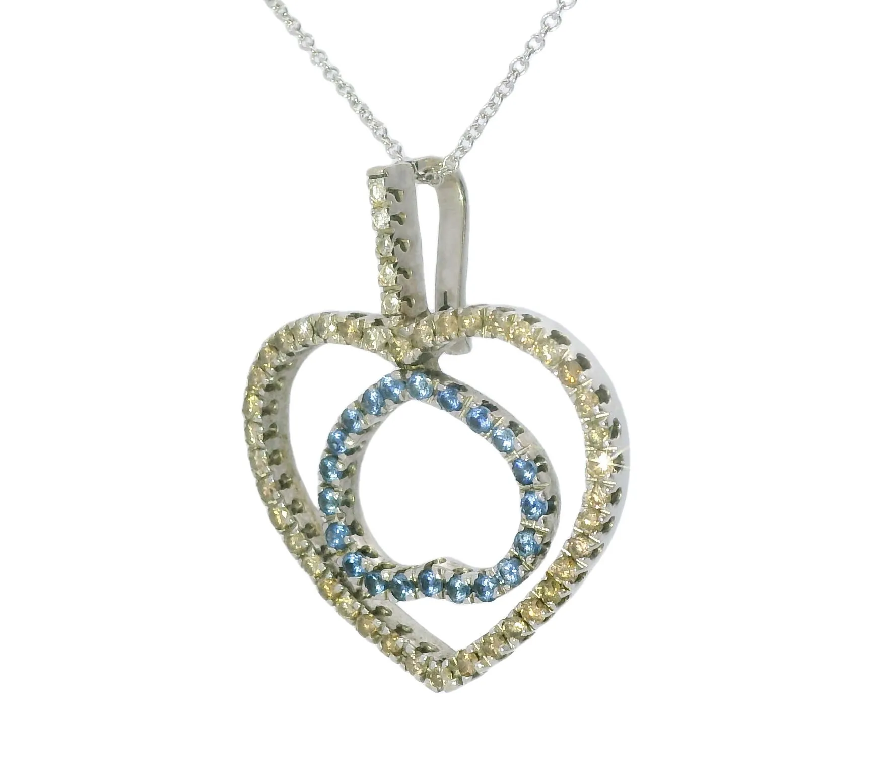 Gorgeous 18K White Gold Champagne Diamond Sapphire Double Heart Pendant Enhancer