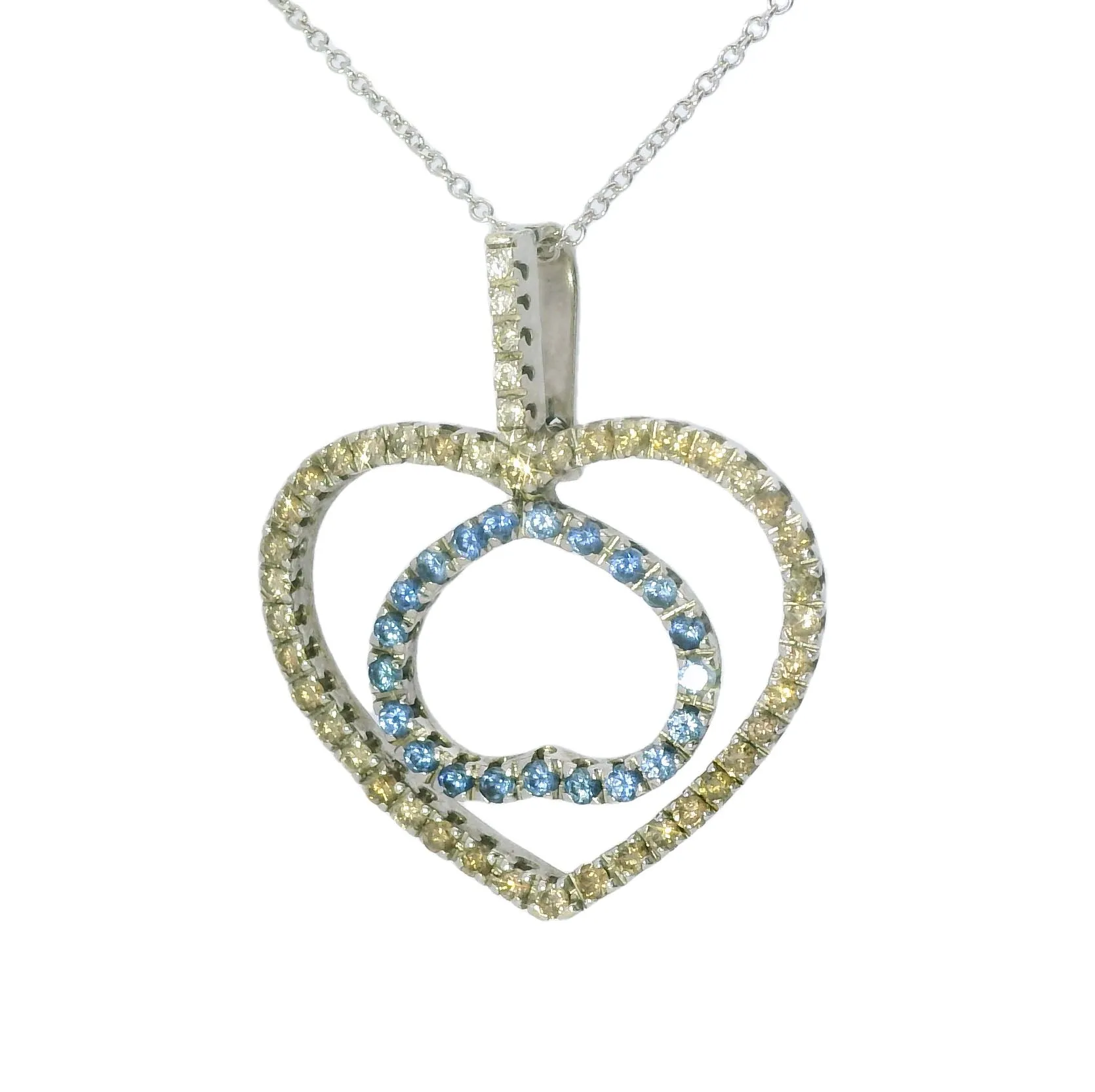 Gorgeous 18K White Gold Champagne Diamond Sapphire Double Heart Pendant Enhancer