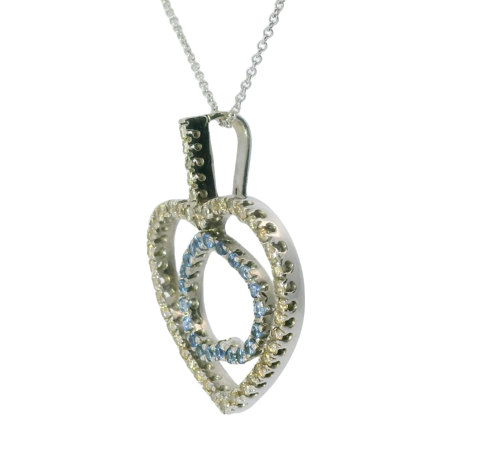 Gorgeous 18K White Gold Champagne Diamond Sapphire Double Heart Pendant Enhancer