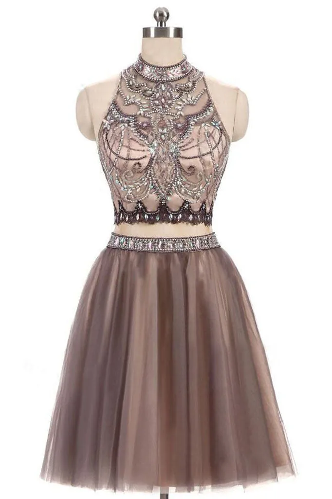 Gorgeous Beading Two Piece Prom Dresses,Junior Short Tulle Open Back Homecoming Dresses OK481