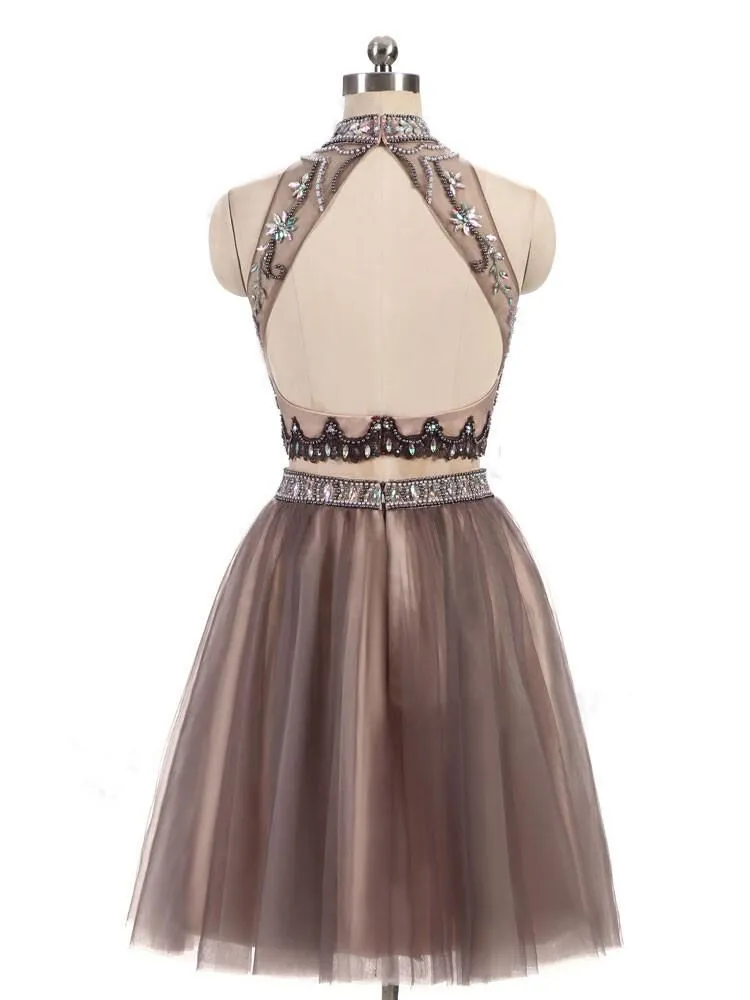Gorgeous Beading Two Piece Prom Dresses,Junior Short Tulle Open Back Homecoming Dresses OK481