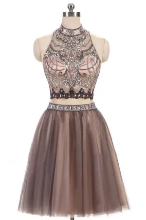 Gorgeous Beading Two Piece Prom Dresses,Junior Short Tulle Open Back Homecoming Dresses OK481