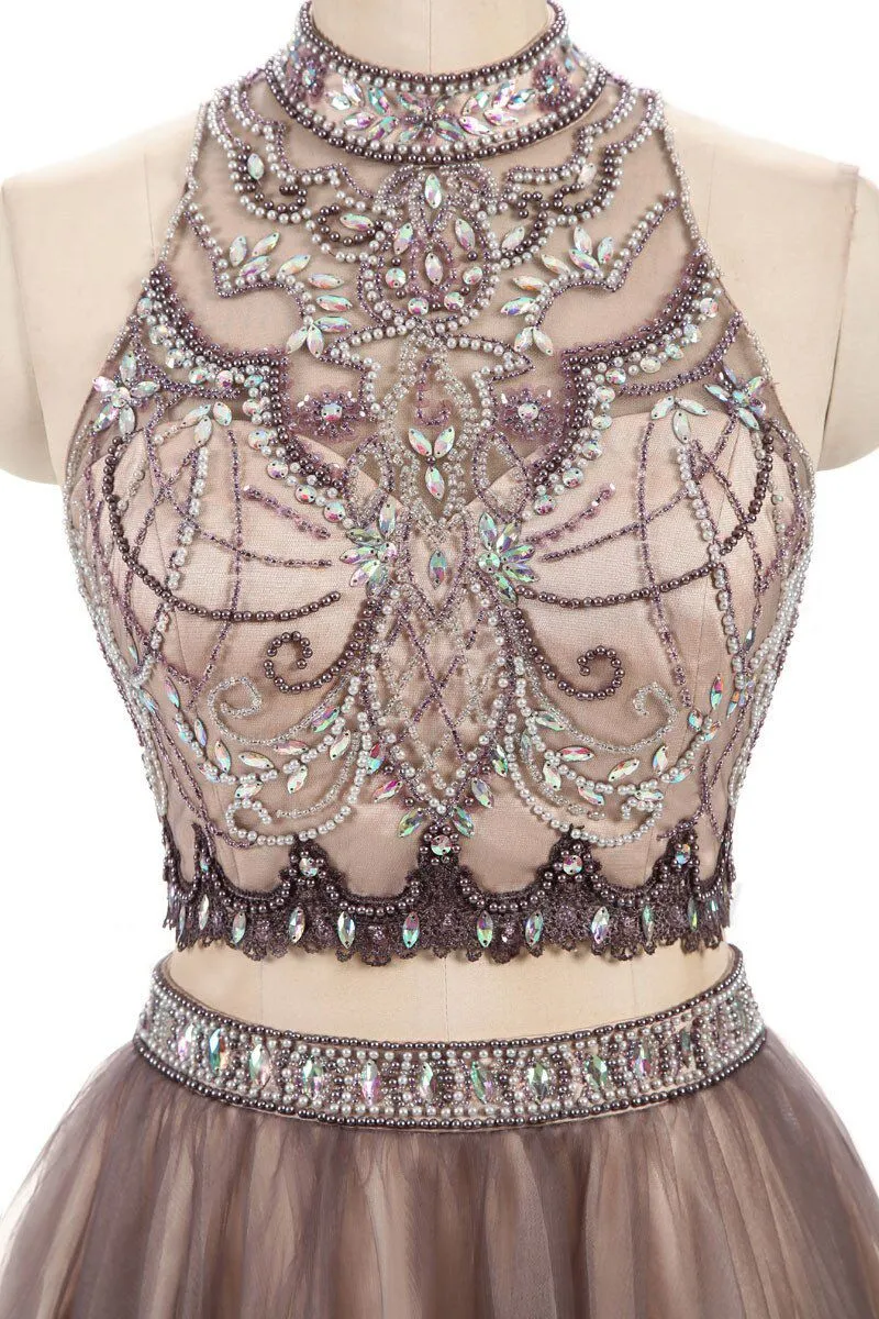 Gorgeous Beading Two Piece Prom Dresses,Junior Short Tulle Open Back Homecoming Dresses OK481