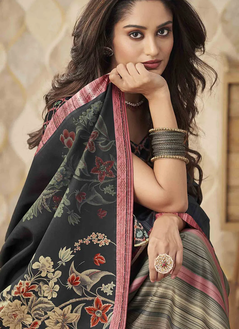 Green And Pink Digital Floral Printed Silk Saree