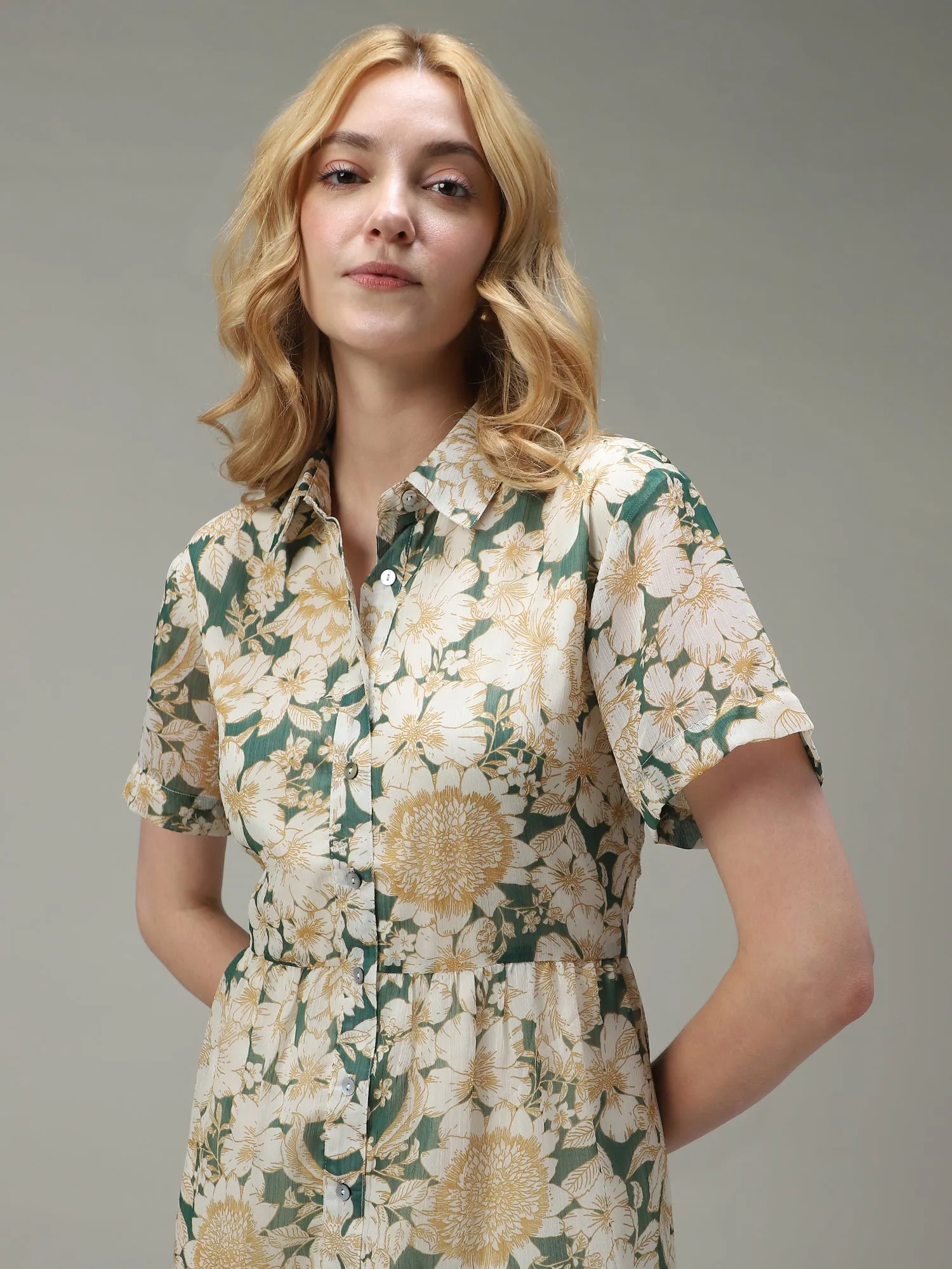 Green Bold Floral Tiered Dress