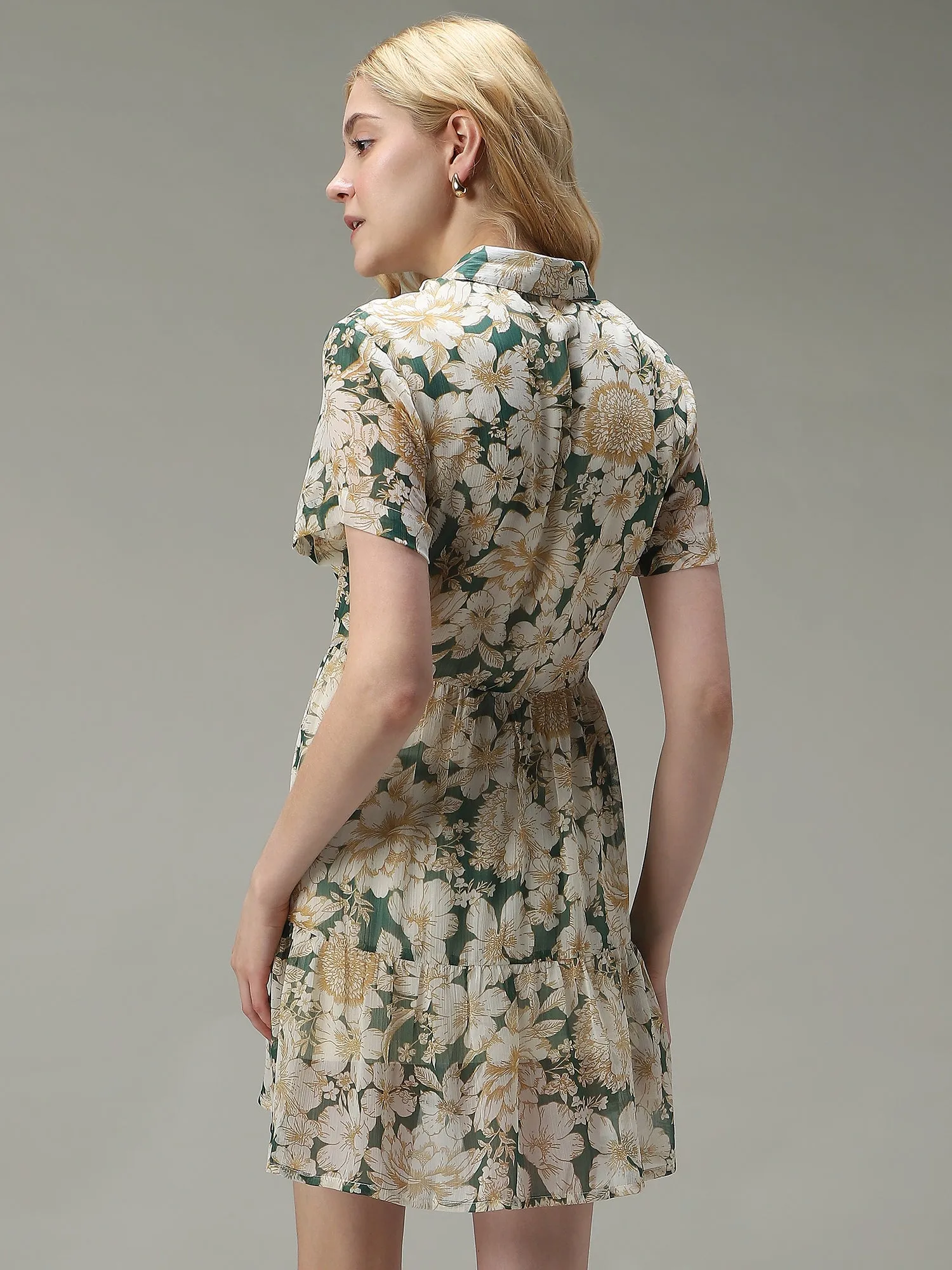 Green Bold Floral Tiered Dress