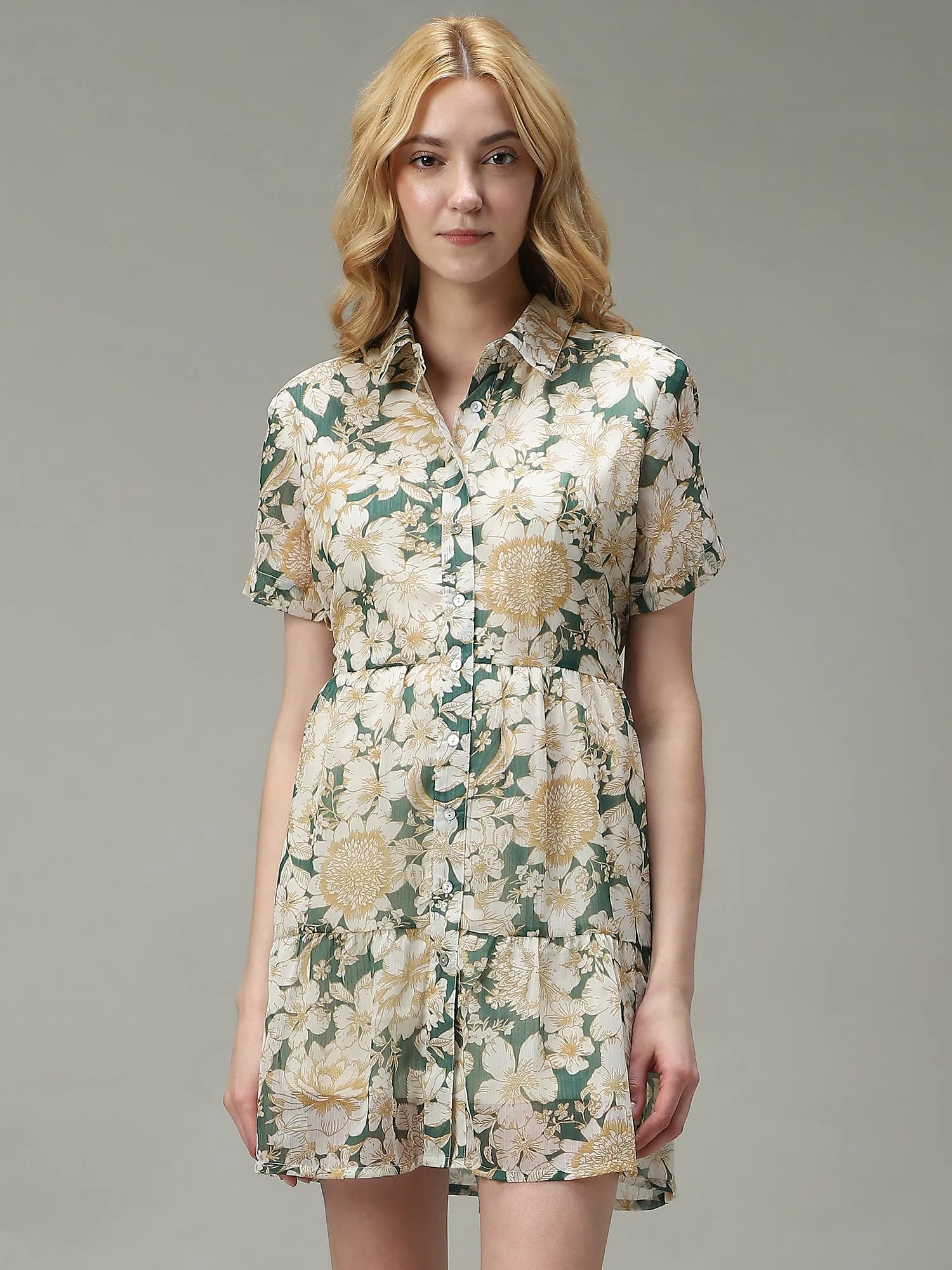 Green Bold Floral Tiered Dress