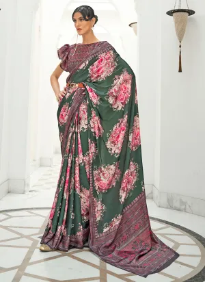 Green Floral Digital Printed Crape Silk Saree