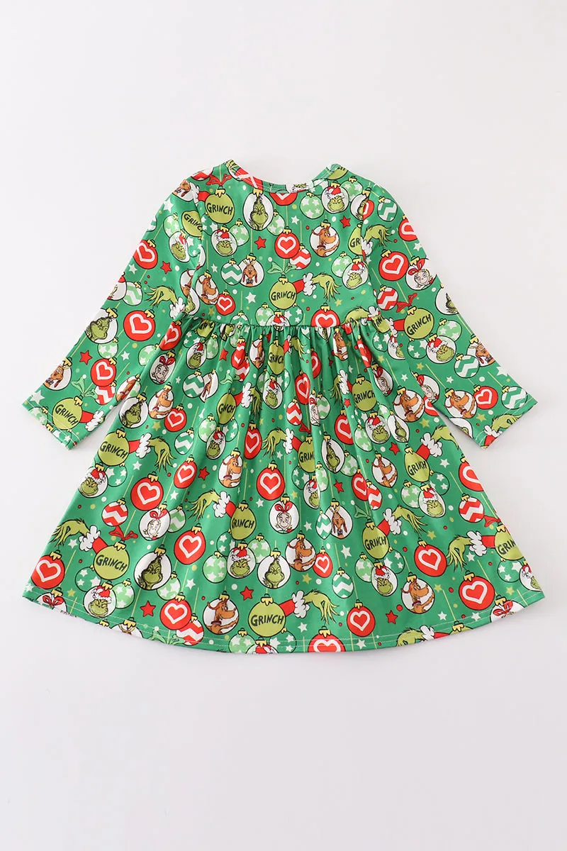 Green grinch print girl ruffle dress