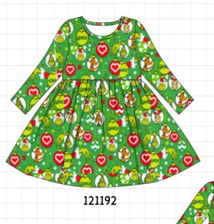 Green Grinch Print Girl Ruffle Dress