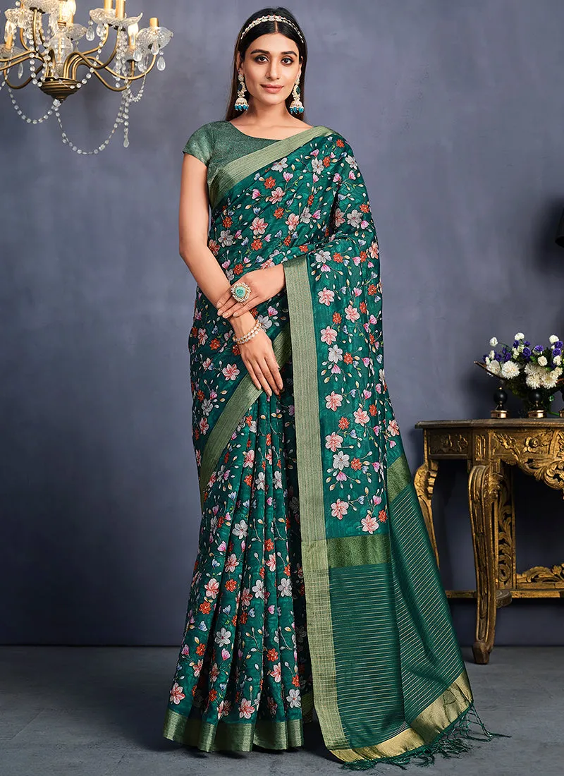 Green Ikat Print And Sequence Silk Saree