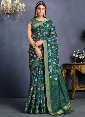 Green Ikat Print And Sequence Silk Saree