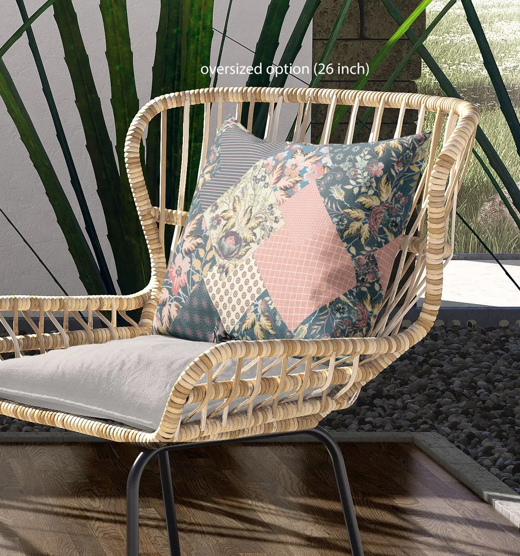 Green Peach Boho Floral Indoor Outdoor Throw Pillow