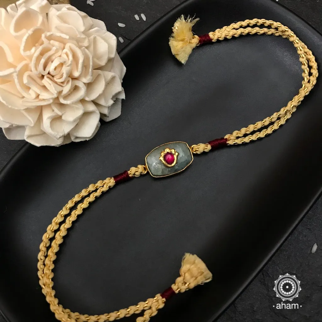 Green Quartz Silver Gold Polish Rakhi