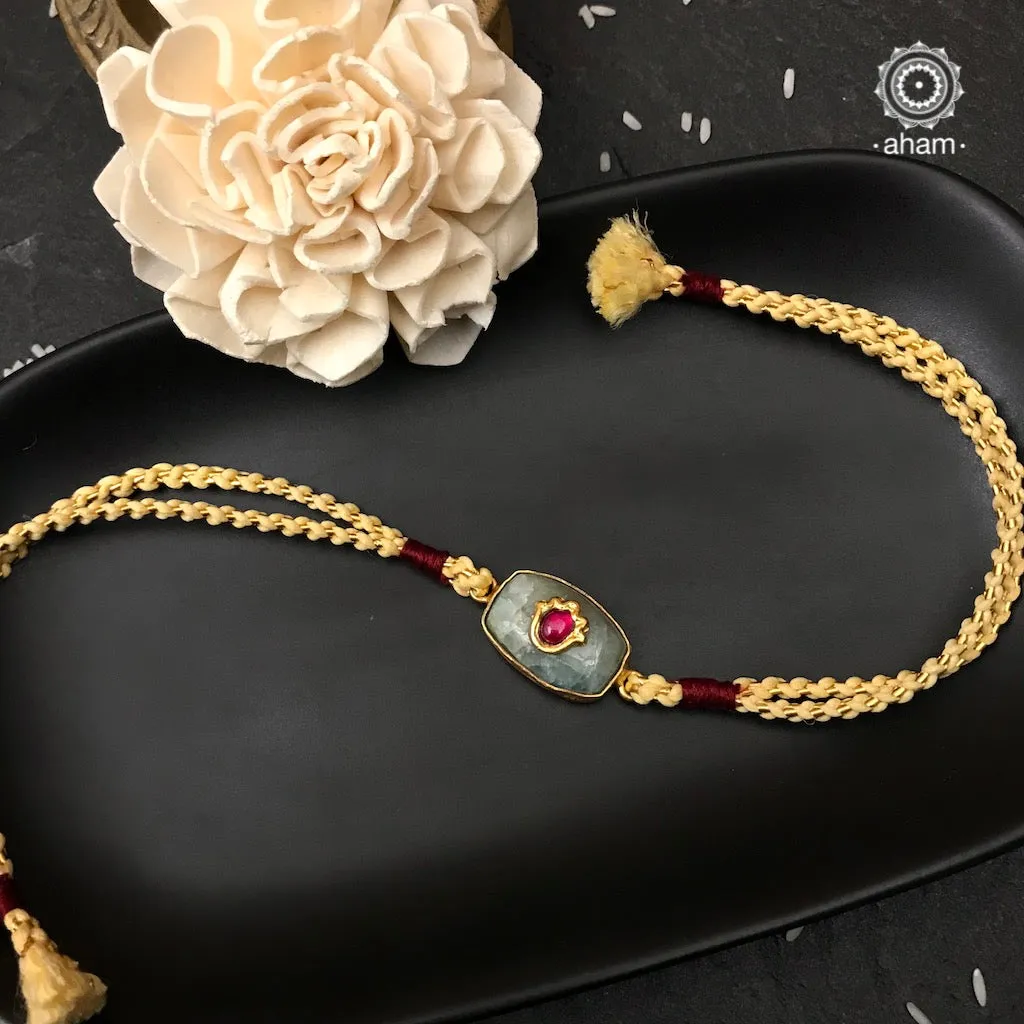 Green Quartz Silver Gold Polish Rakhi