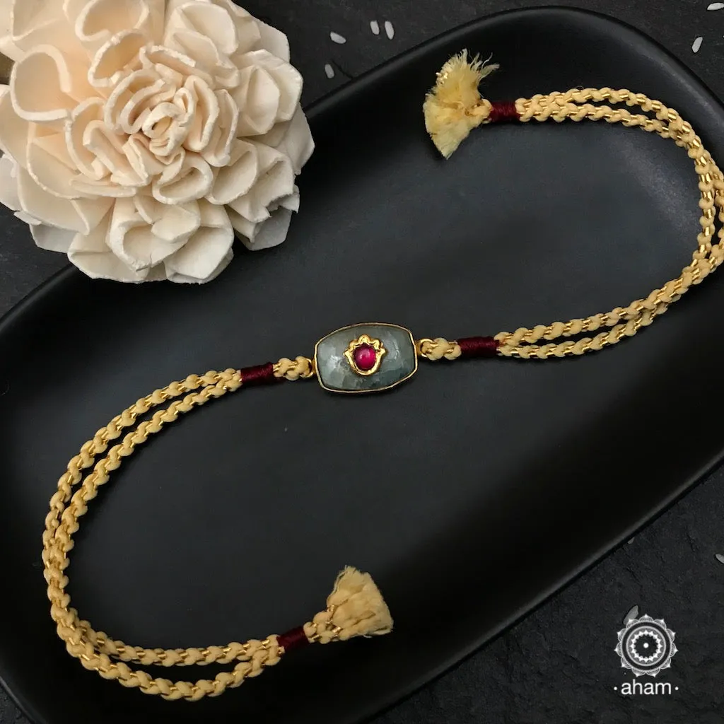 Green Quartz Silver Gold Polish Rakhi
