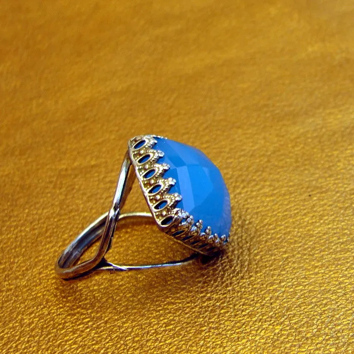 Hadar Designers Blue Ocean Quartz Ring size 6, 6.5 Handmade 925 Silver (H)LAST