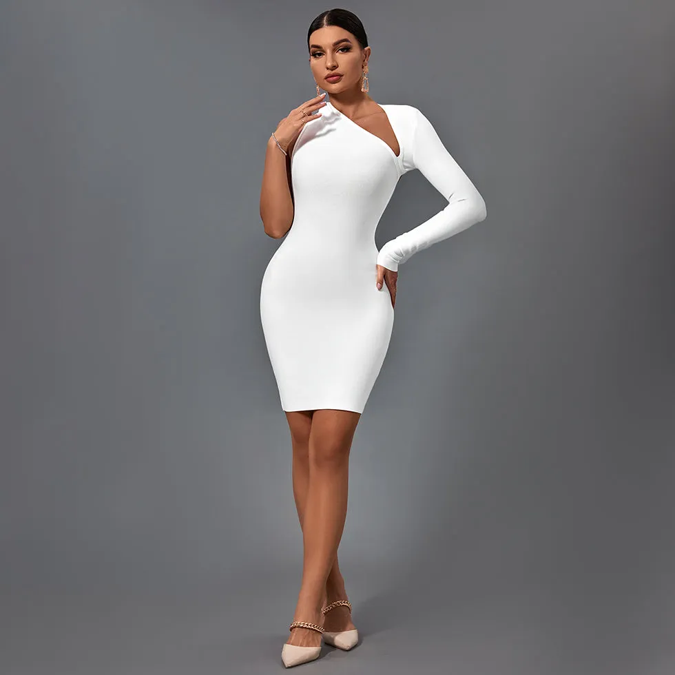Halter One Sleeve Asymmetrical Mini Bandage Dress