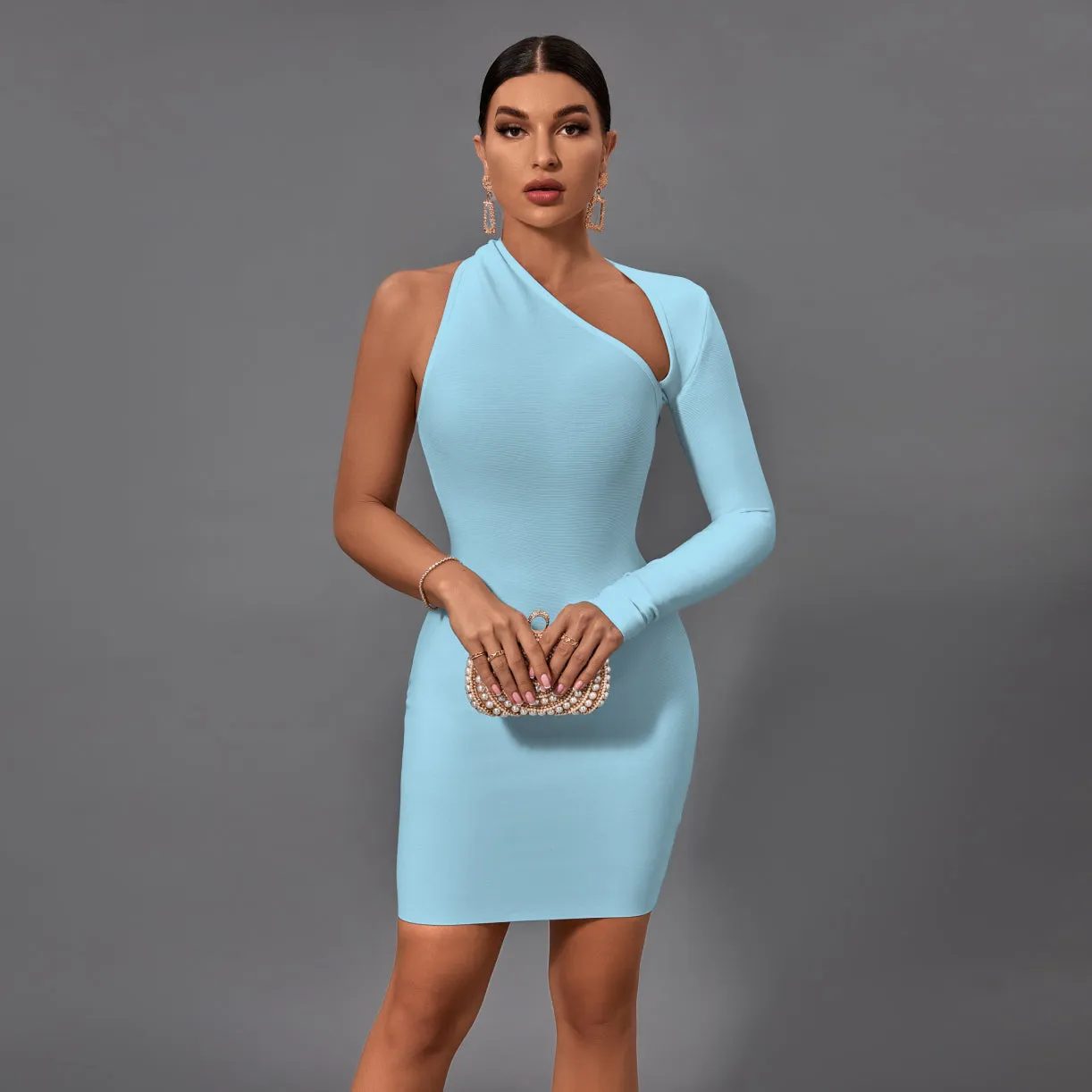 Halter One Sleeve Asymmetrical Mini Bandage Dress