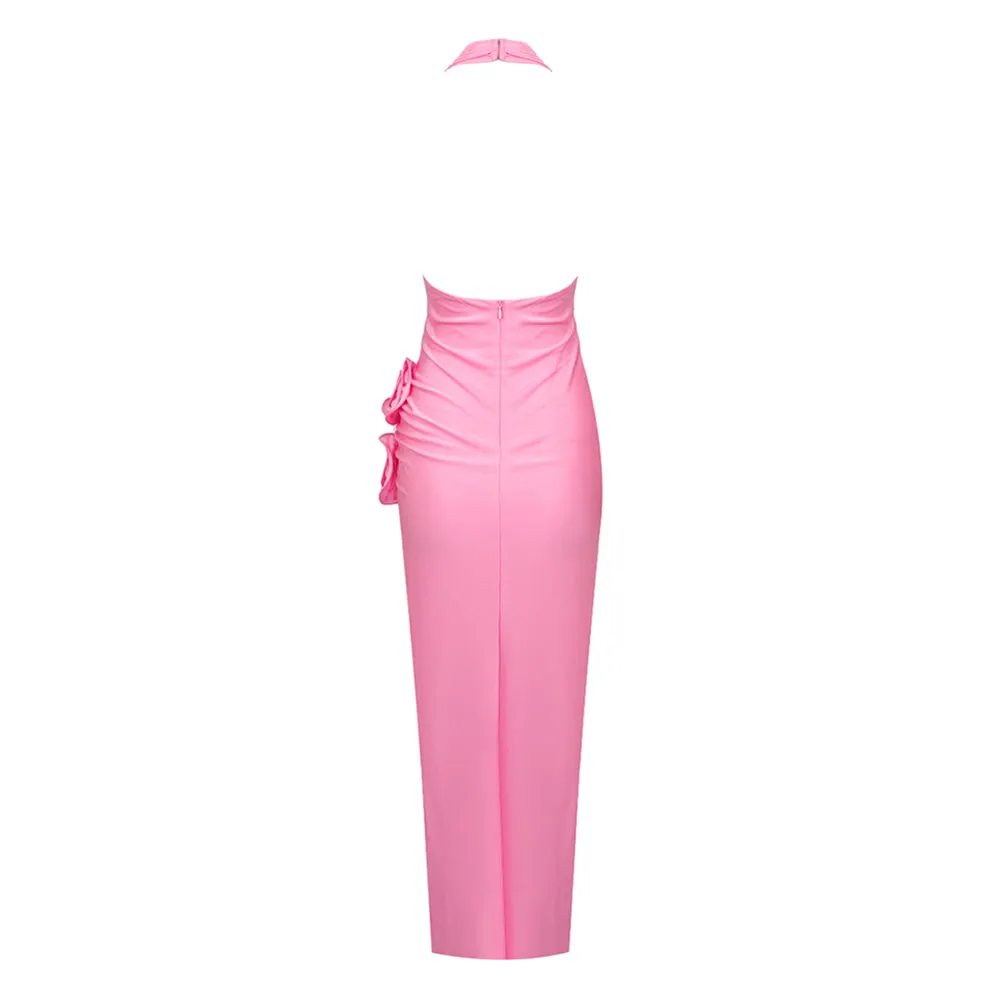 Halter Sleeveless Ornamental Flower Midi Bodycon Dress BD2442