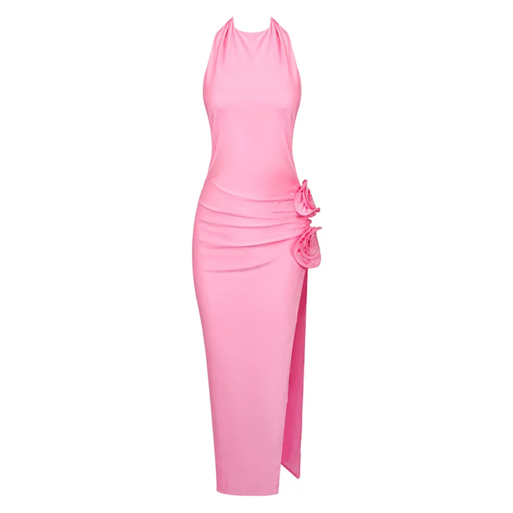 Halter Sleeveless Ornamental Flower Midi Bodycon Dress BD2442