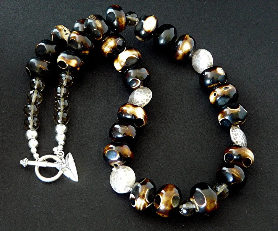 Hand-painted Tortoise Horn Bead Necklace with Smoky Quartz Rounds and Oxidized Sterling Silver Coin Beads