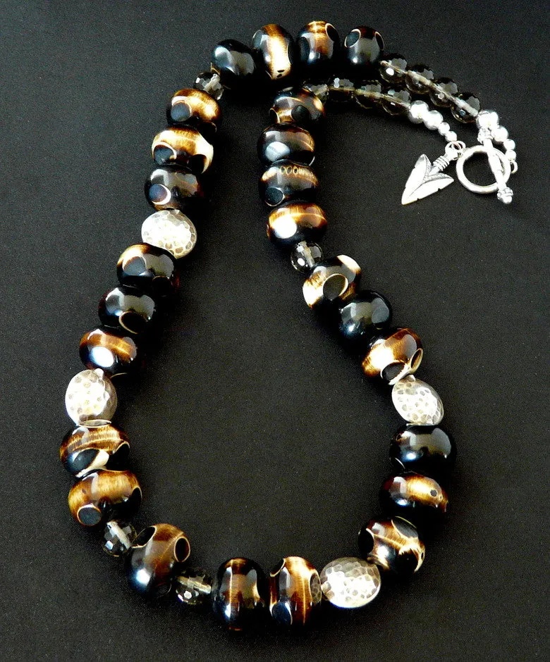 Hand-painted Tortoise Horn Bead Necklace with Smoky Quartz Rounds and Oxidized Sterling Silver Coin Beads