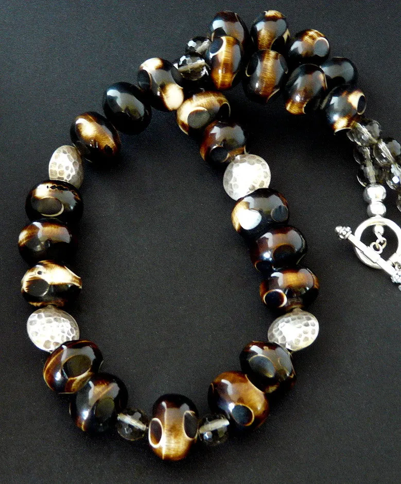 Hand-painted Tortoise Horn Bead Necklace with Smoky Quartz Rounds and Oxidized Sterling Silver Coin Beads