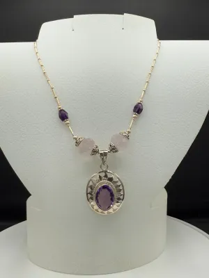 Handmade Natural Amethyst & Rose Quartz Sterling Silver Adjustable Necklace