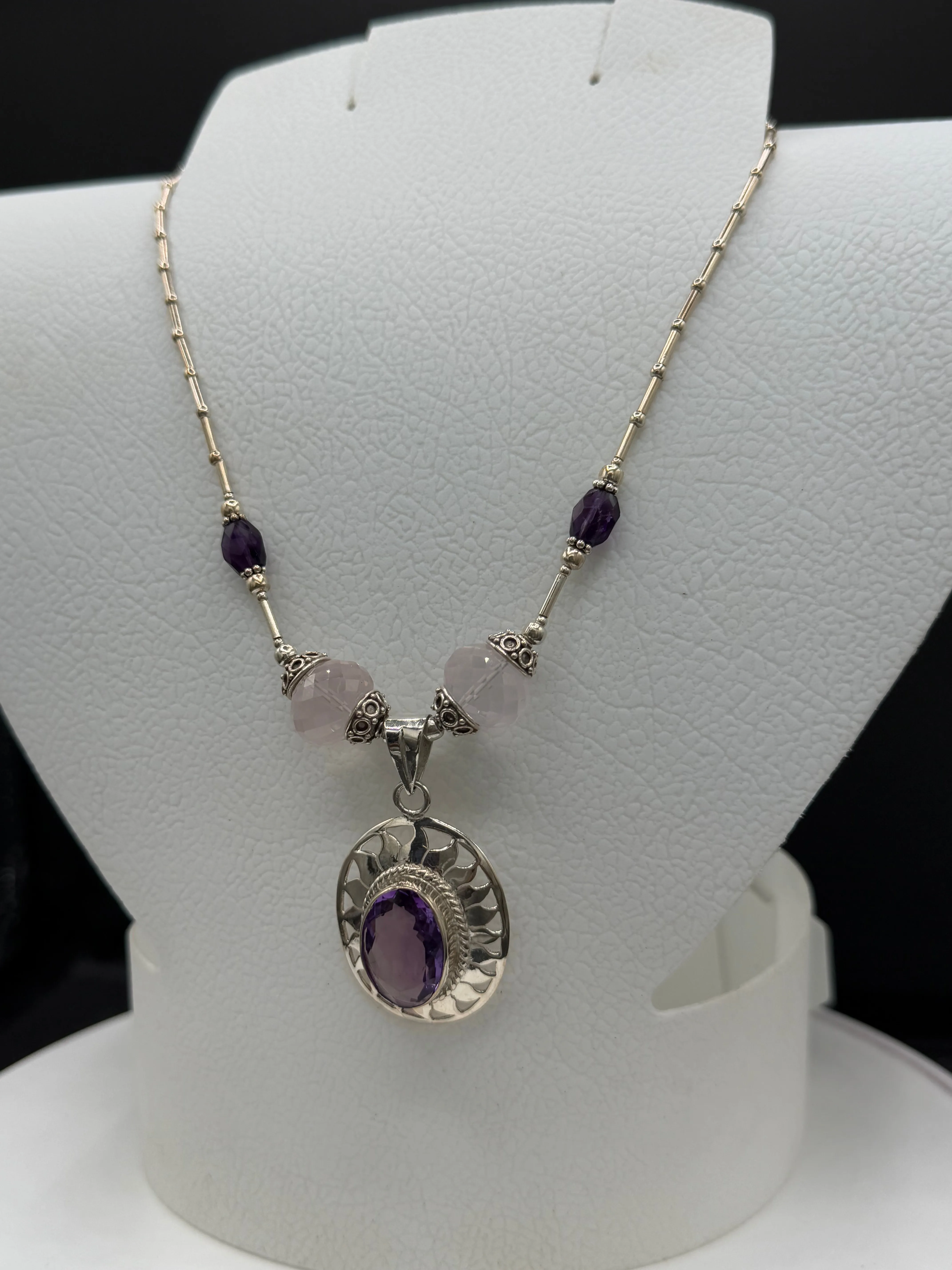 Handmade Natural Amethyst & Rose Quartz Sterling Silver Adjustable Necklace
