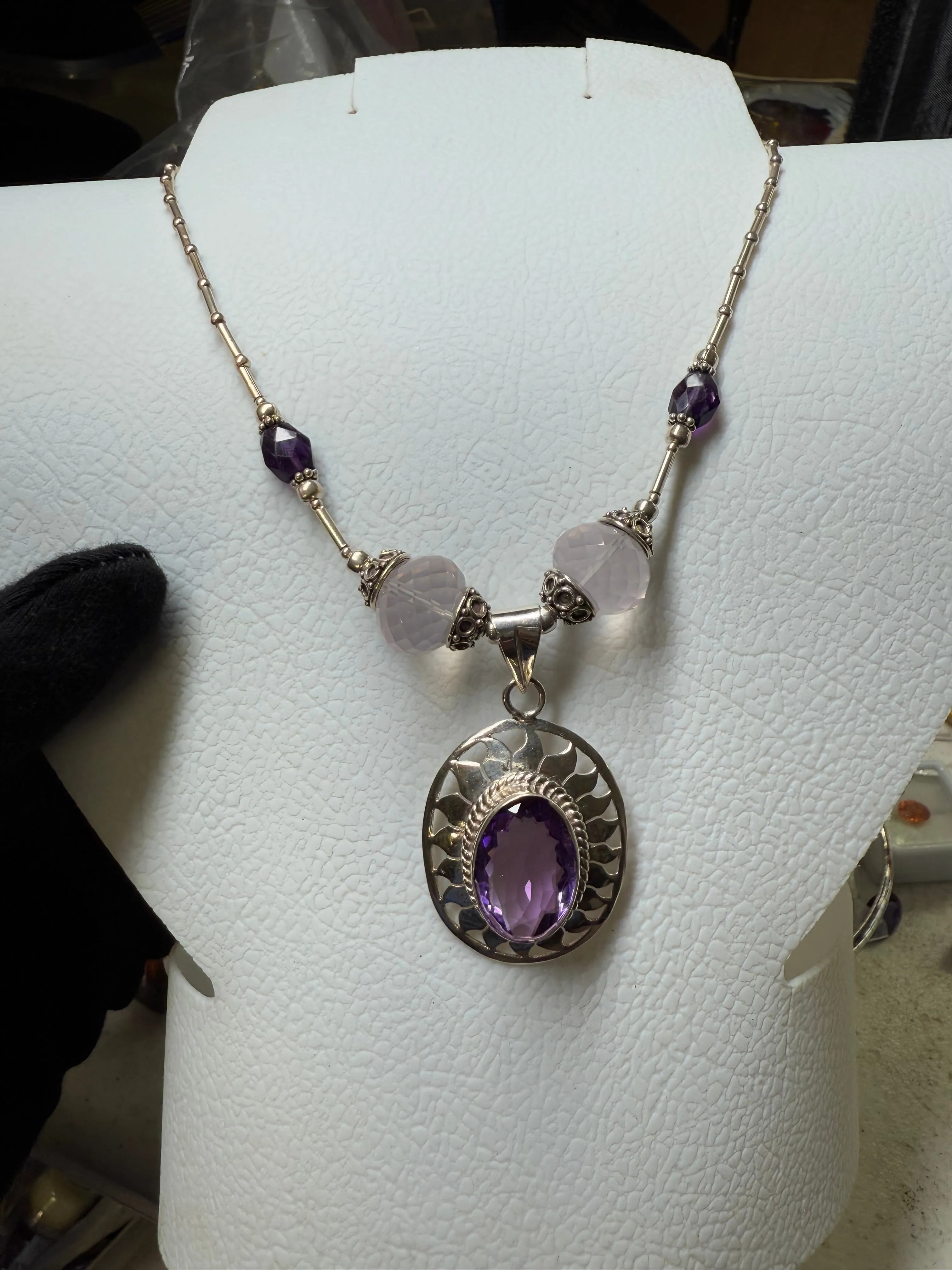 Handmade Natural Amethyst & Rose Quartz Sterling Silver Adjustable Necklace