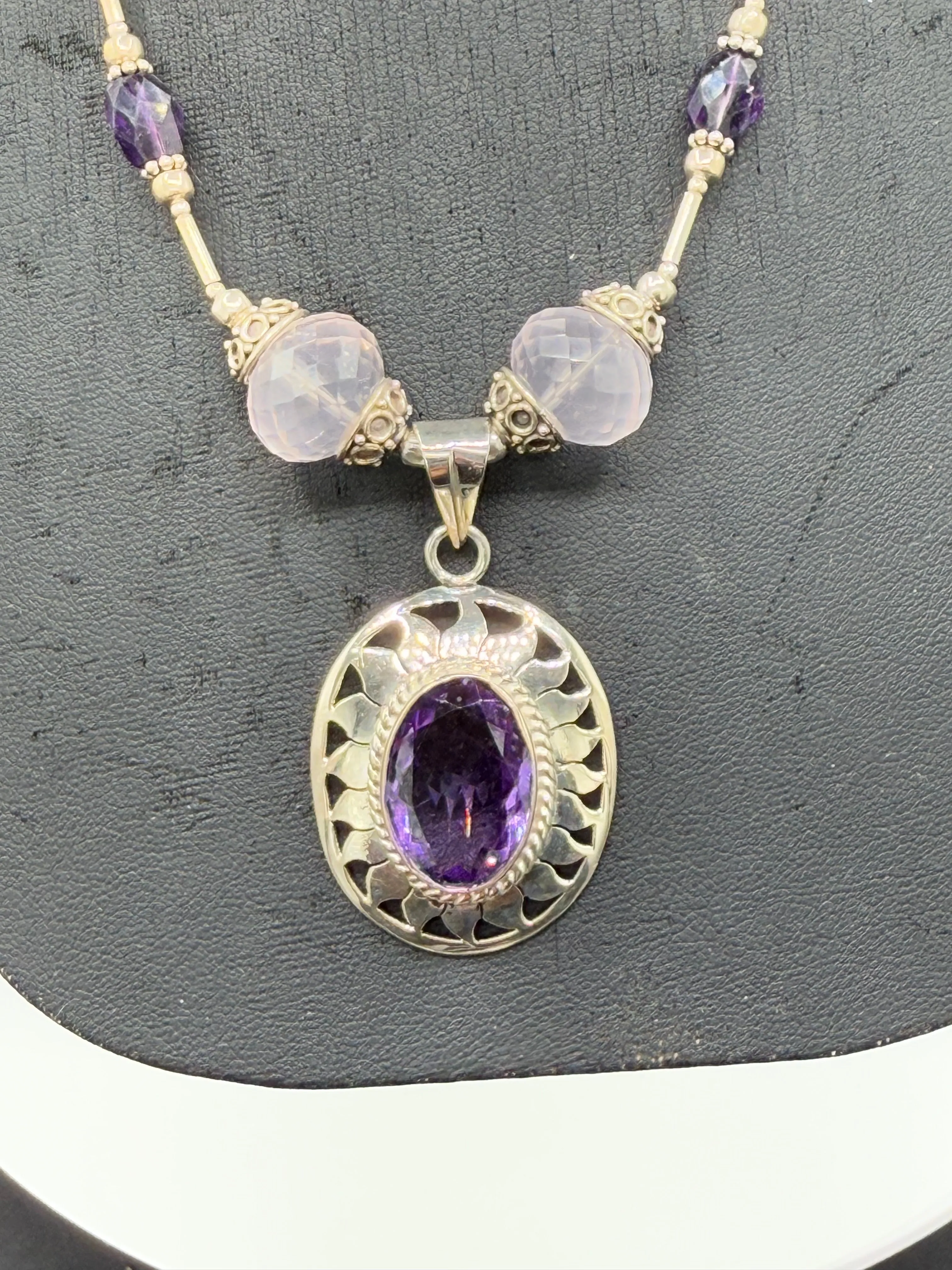 Handmade Natural Amethyst & Rose Quartz Sterling Silver Adjustable Necklace
