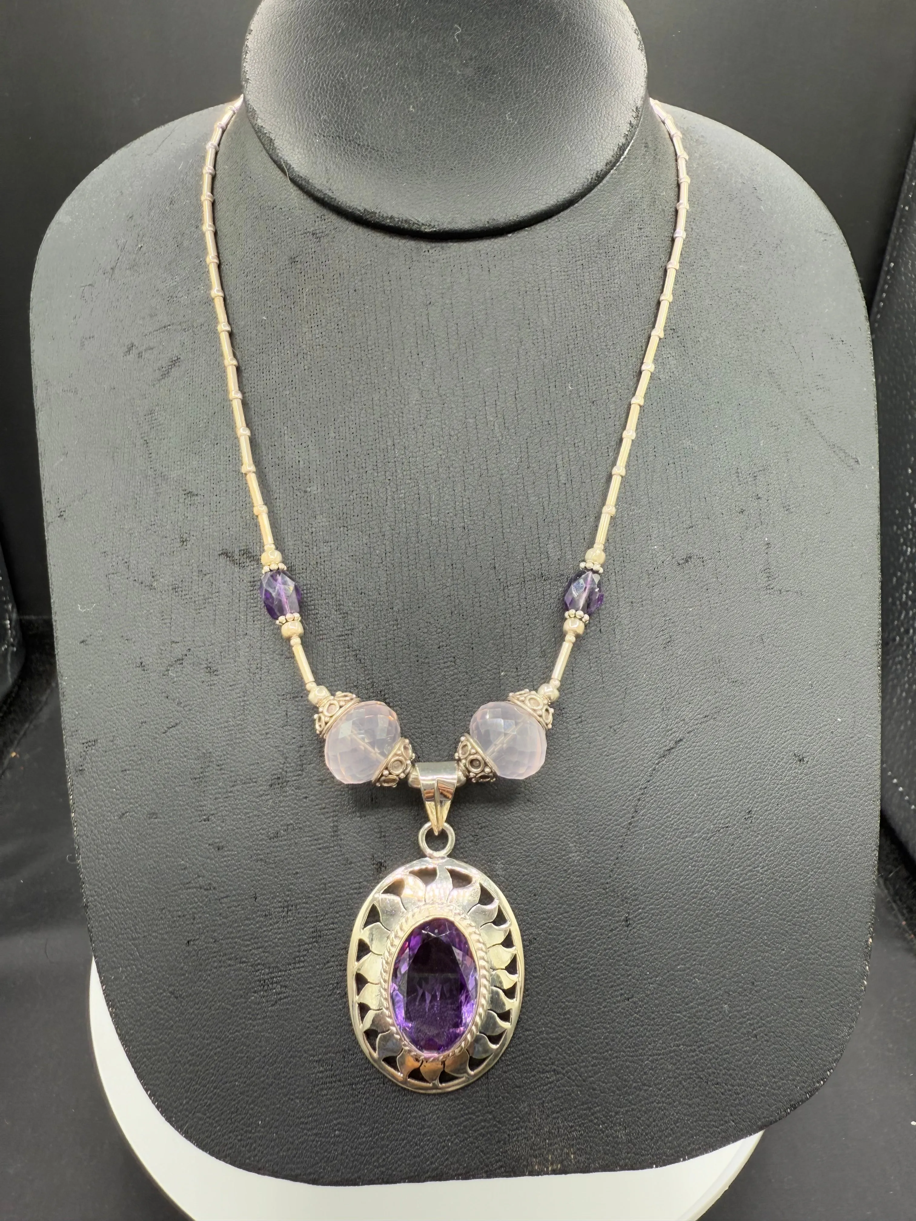 Handmade Natural Amethyst & Rose Quartz Sterling Silver Adjustable Necklace