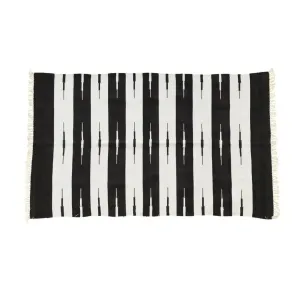 Handwoven Black and White Classic Stripe Cotton Rug with Fringes