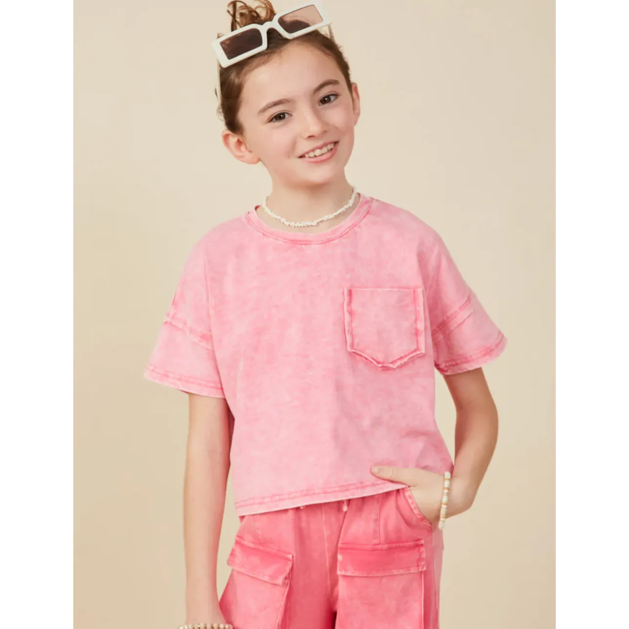 Hayden Girls Washed Raw Edge Detailed Pocket T Shirt-Pink