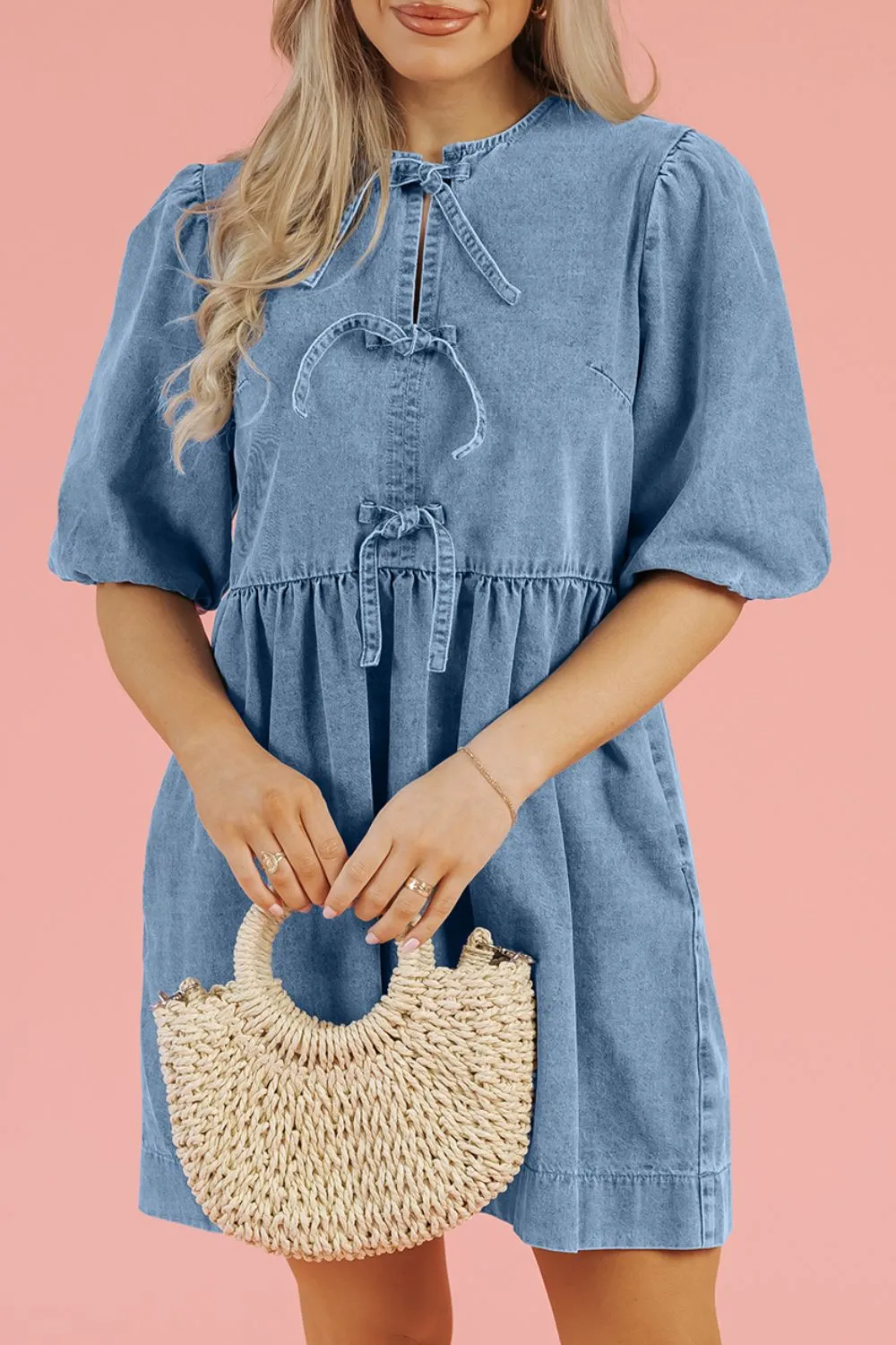 Hazel Blues® |  Bowknot Round Neck Half Sleeve Denim Dress