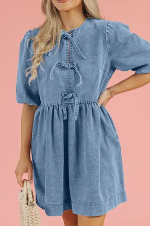 Hazel Blues® |  Bowknot Round Neck Half Sleeve Denim Dress