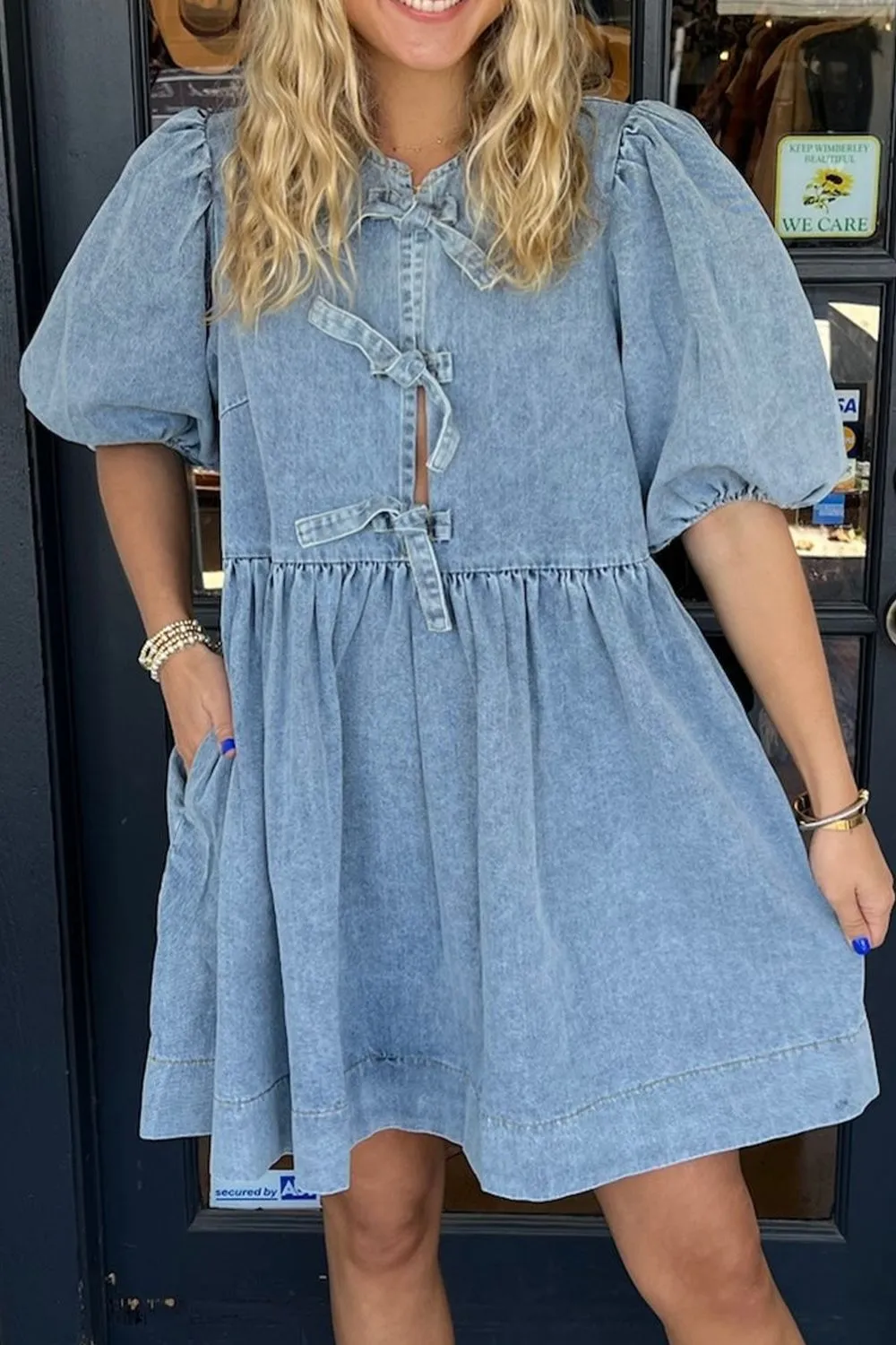 Hazel Blues® |  Bowknot Round Neck Half Sleeve Denim Dress