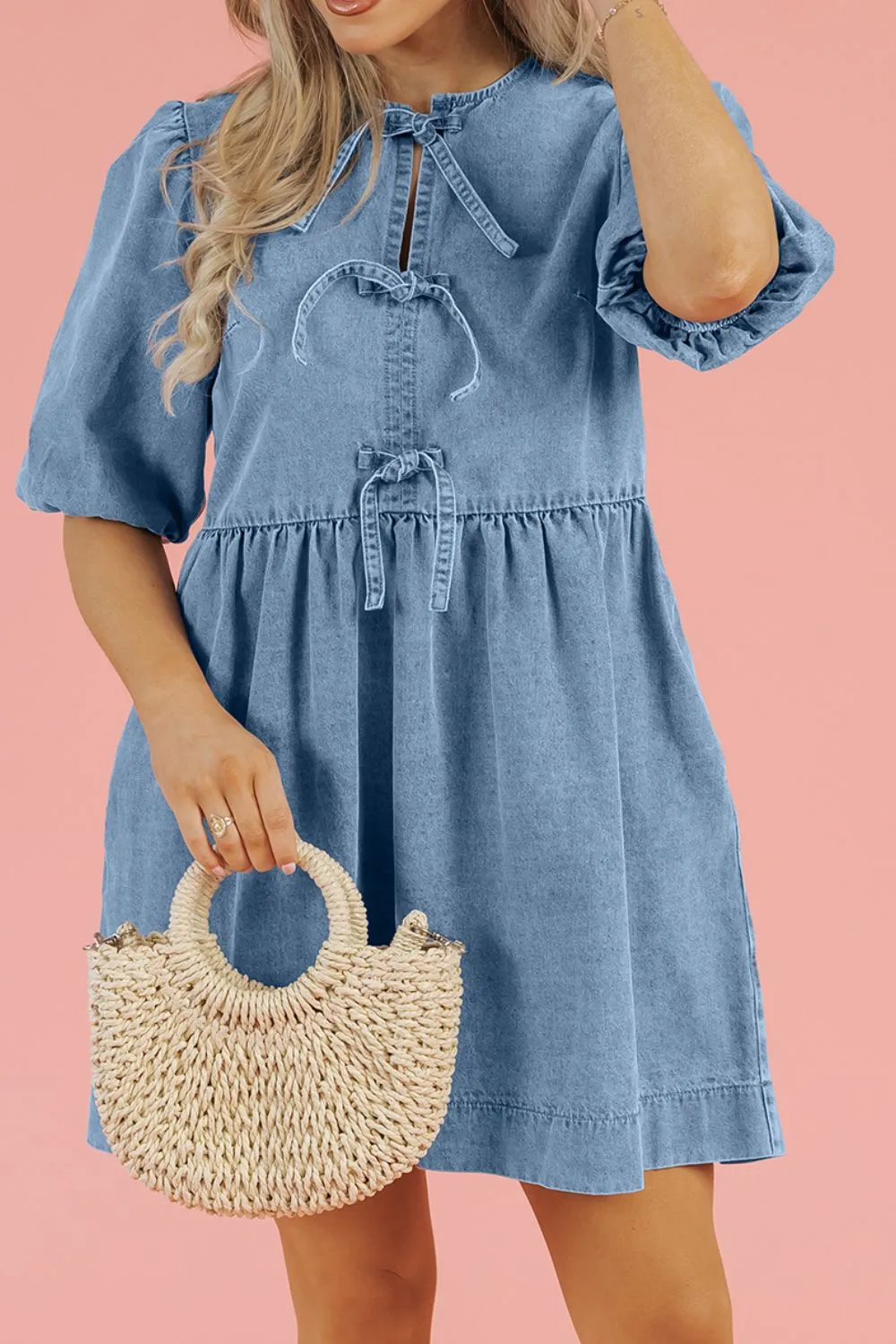 Hazel Blues® |  Bowknot Round Neck Half Sleeve Denim Dress