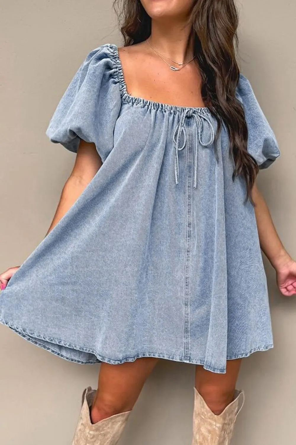 Hazel Blues® |  Bubble Sleeve Square Neck Denim Babydoll Dress