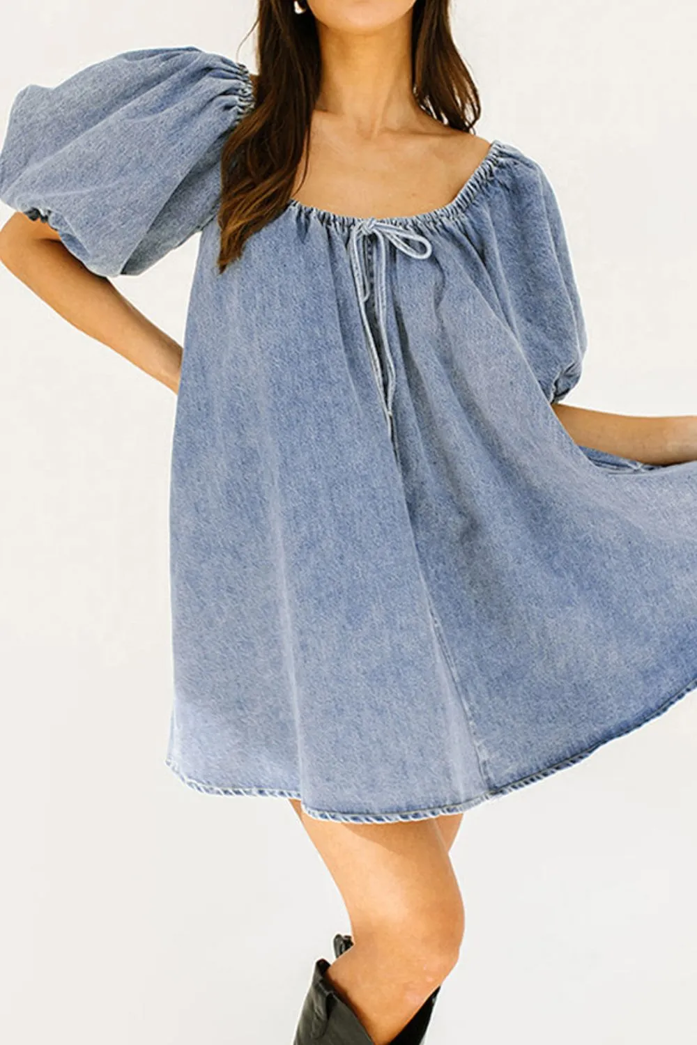 Hazel Blues® |  Bubble Sleeve Square Neck Denim Babydoll Dress
