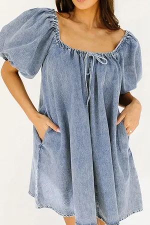 Hazel Blues® |  Bubble Sleeve Square Neck Denim Babydoll Dress