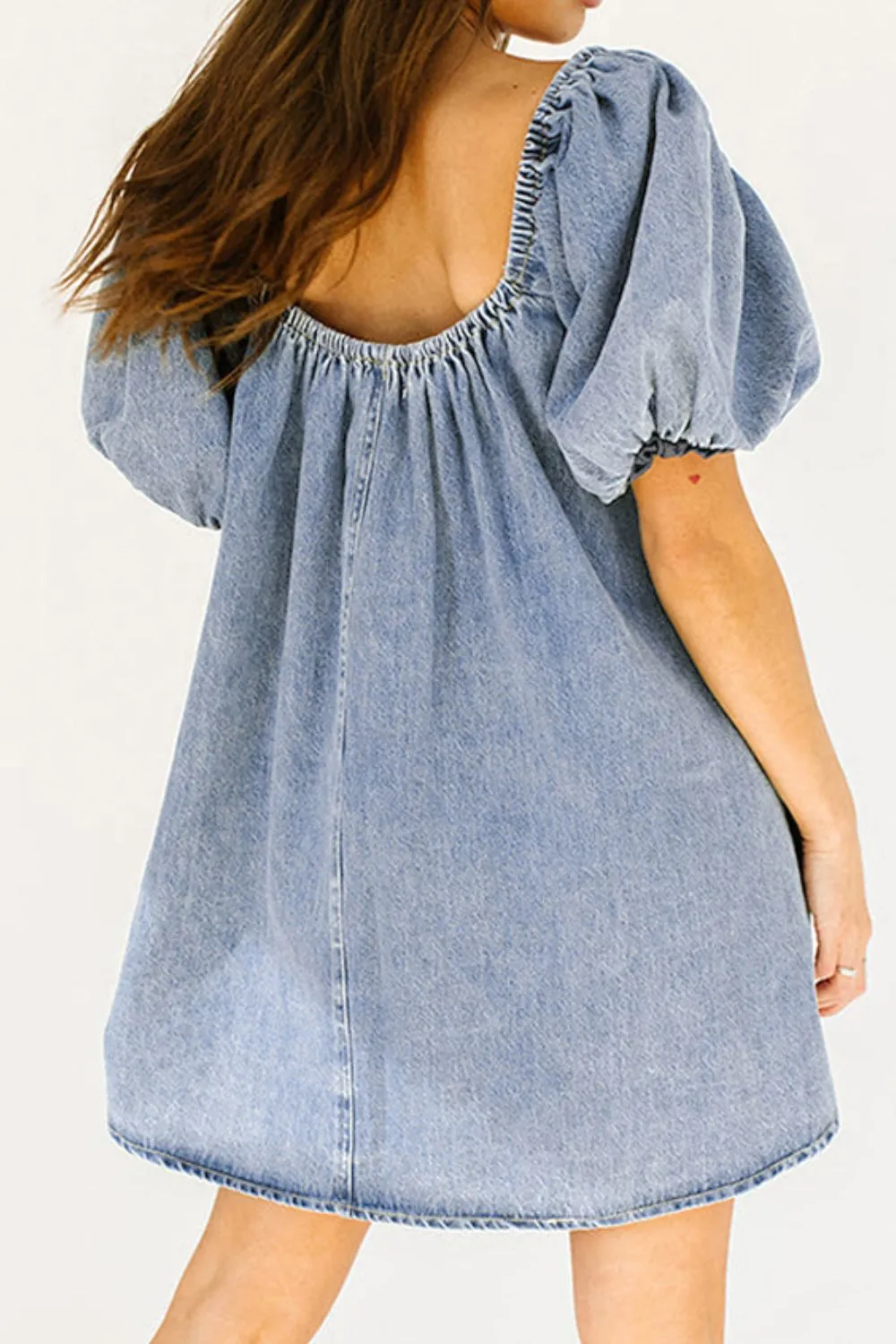 Hazel Blues® |  Bubble Sleeve Square Neck Denim Babydoll Dress